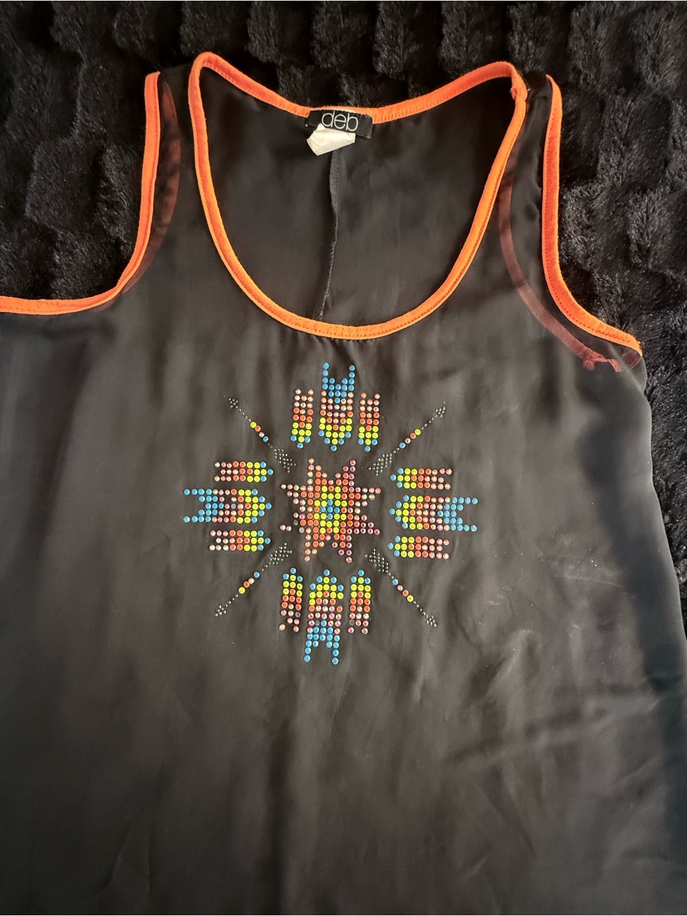 deb Black Sheer Tank with Neon Orange Trim and Multicolor Beadburst